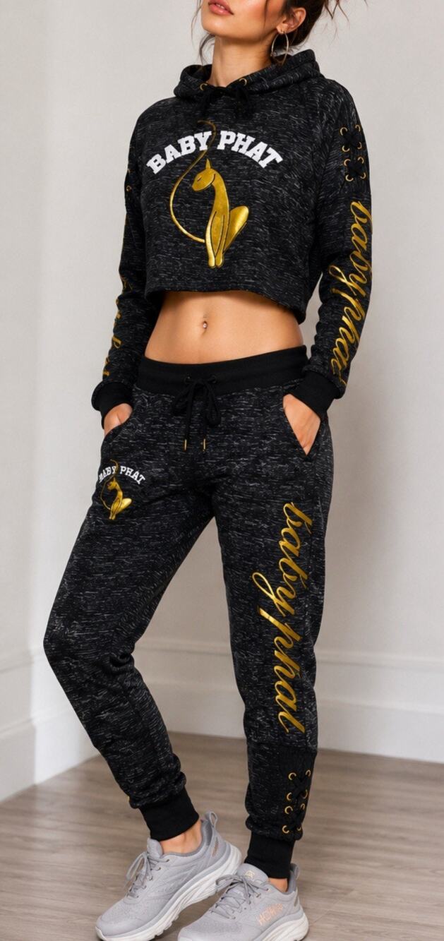 Baby Phat 2 Piece Tracksuit Set Gray Gold Cropped Hoodie Jogger Sweatpants Sz M